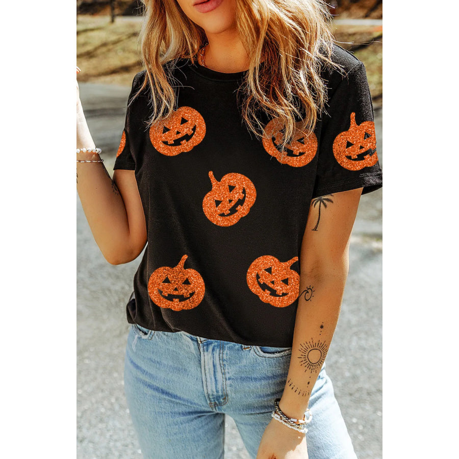 Full Size Glitter Jack-O’-Lantern Round Neck Short Sleeve T-Shirt Apparel and Accessories