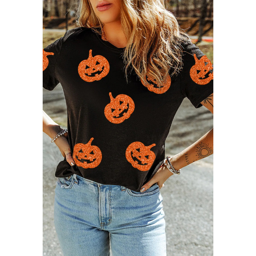 Full Size Glitter Jack-O’-Lantern Round Neck Short Sleeve T-Shirt Black / S Apparel and Accessories