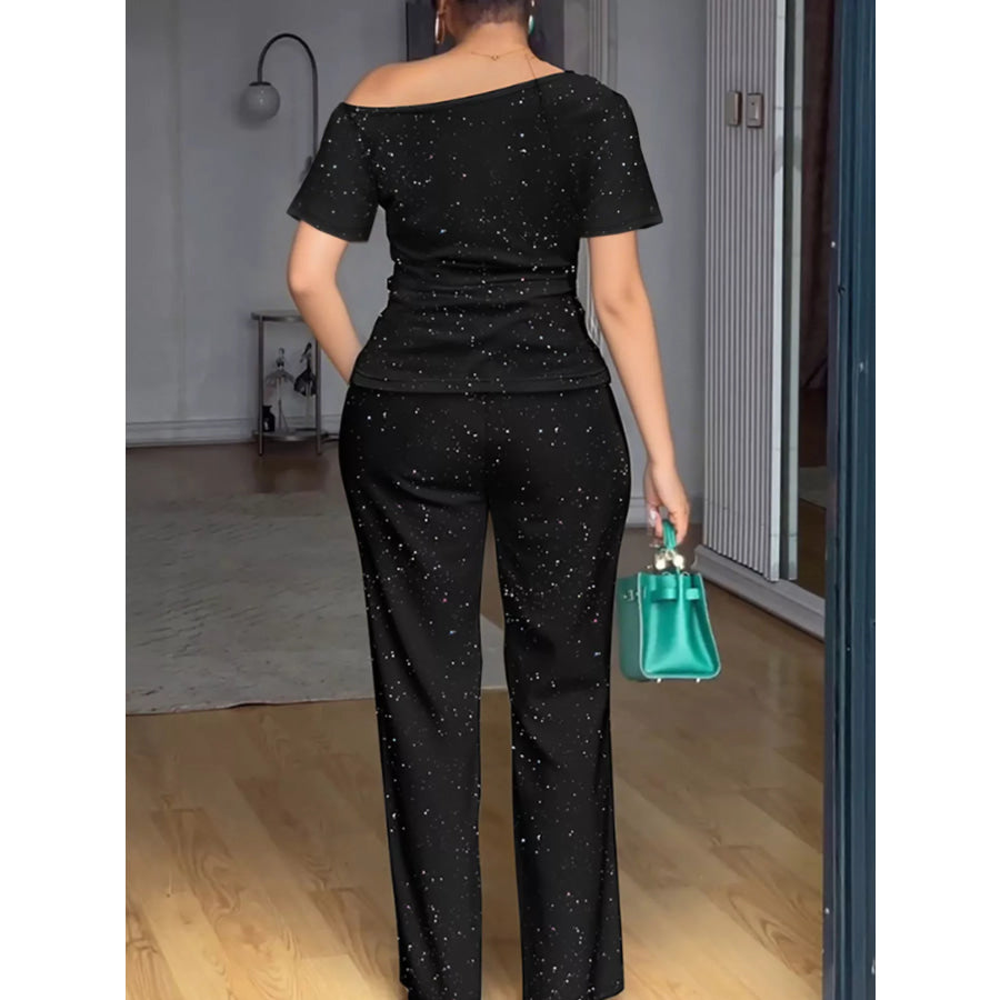 Full Size Glitter Off-Shoulder Short Sleeve Top and Pants Set Plus Size Apparel and Accessories