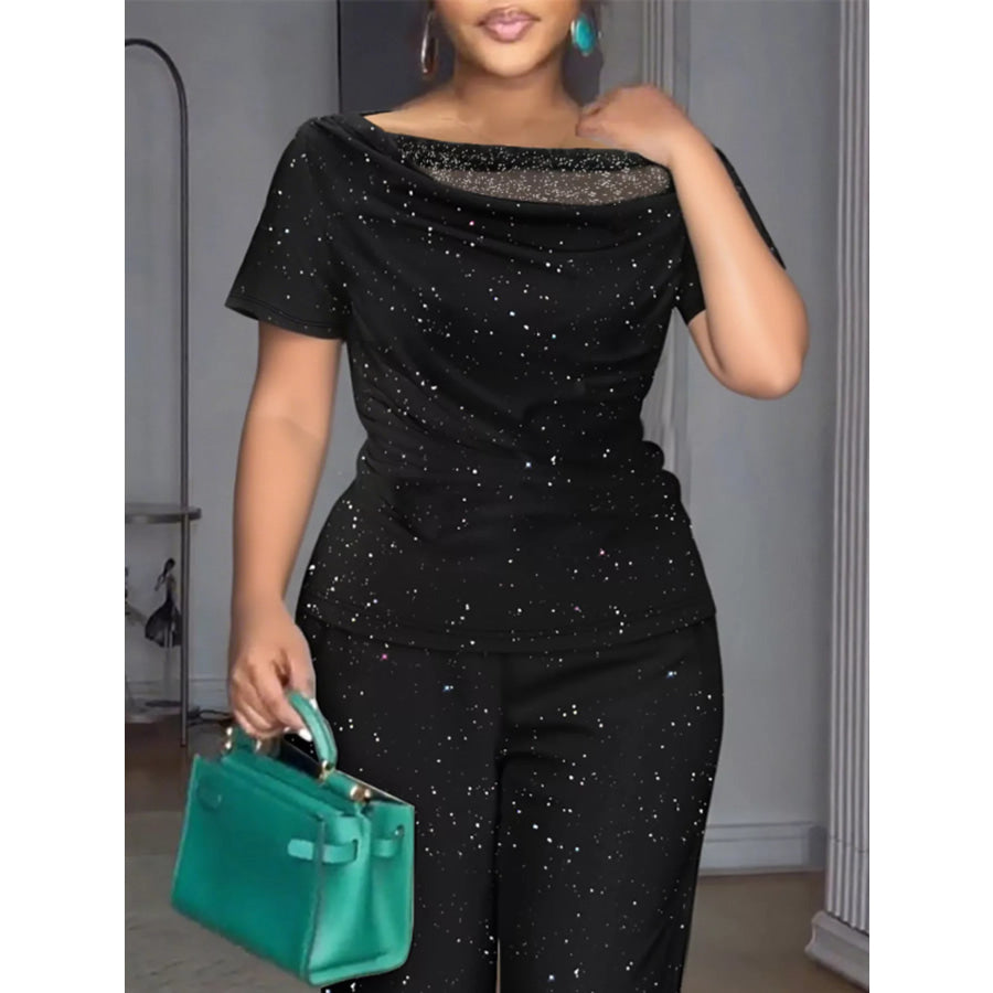 Full Size Glitter Off-Shoulder Short Sleeve Top and Pants Set Plus Size Apparel and Accessories