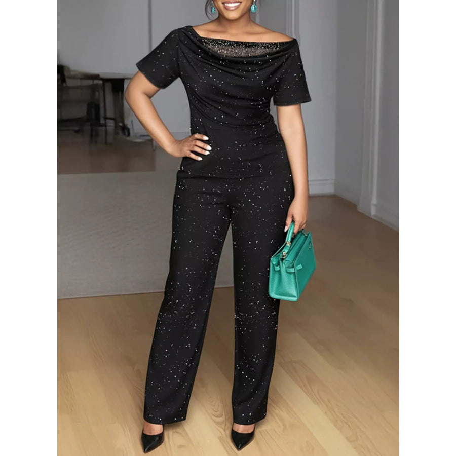 Full Size Glitter Off-Shoulder Short Sleeve Top and Pants Set Plus Size Black / S Apparel and Accessories