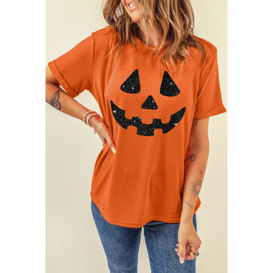 Full Size Glitter Round Neck Short Sleeve T-Shirt Orange / S Apparel and Accessories