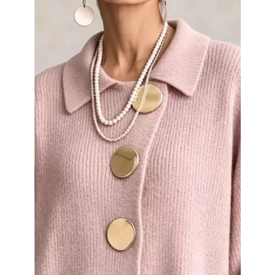 Full Size Gold Buttons Lantern Sleeve Cardigan Plus Apparel and Accessories