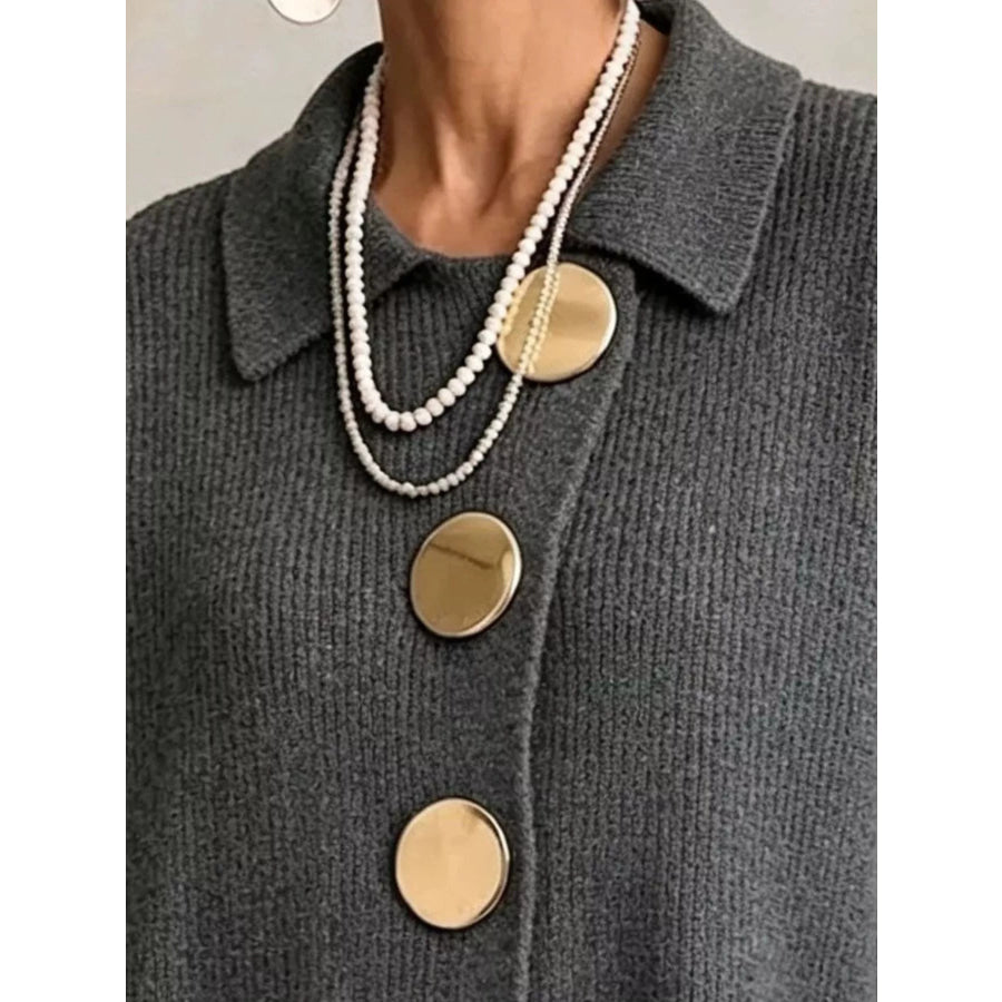 Full Size Gold Buttons Lantern Sleeve Cardigan Plus Apparel and Accessories