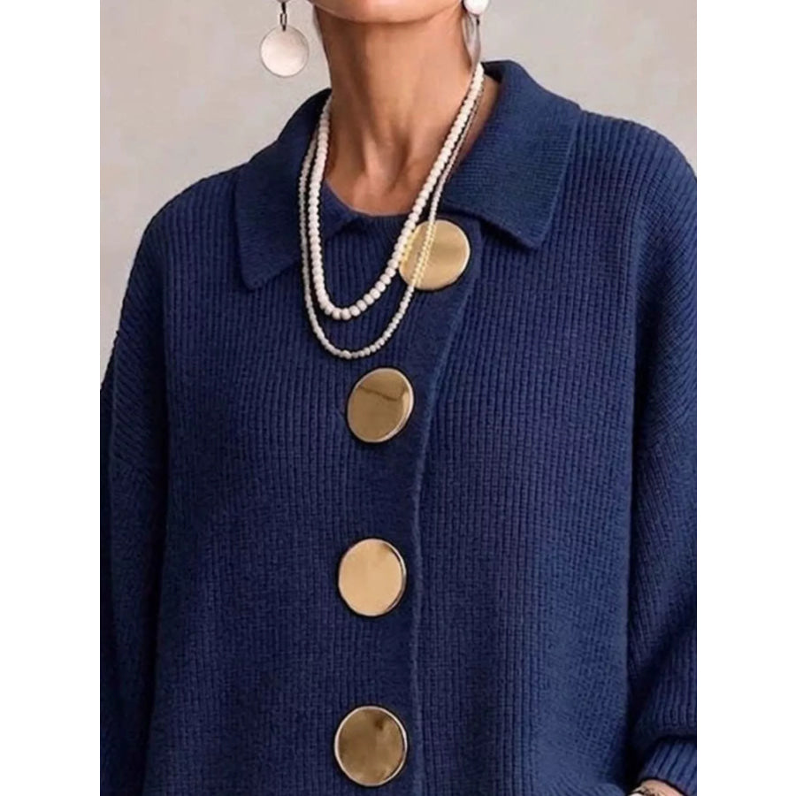 Full Size Gold Buttons Lantern Sleeve Cardigan Plus Apparel and Accessories