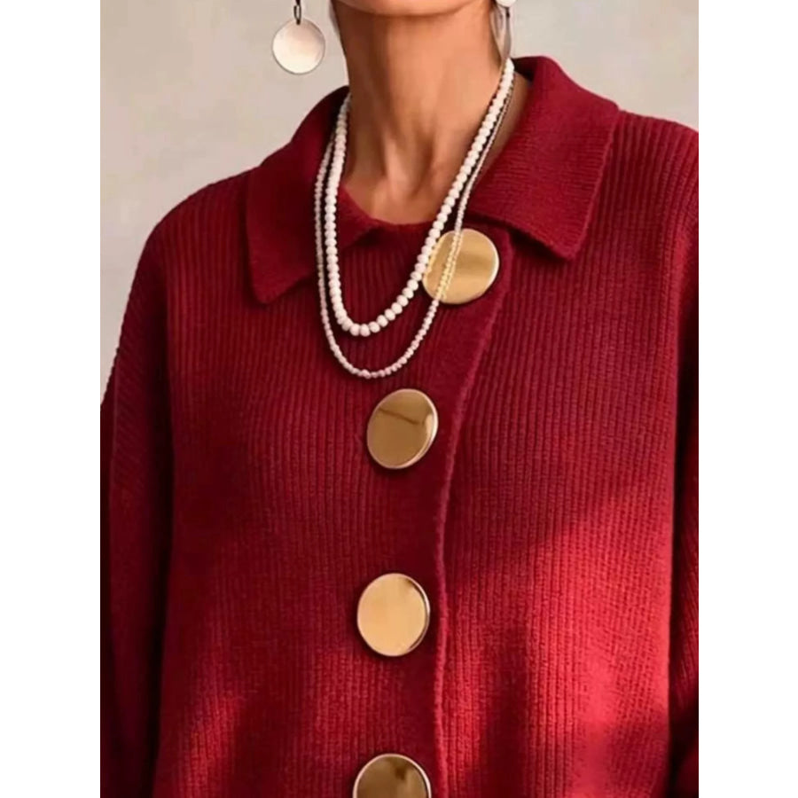 Full Size Gold Buttons Lantern Sleeve Cardigan Plus Apparel and Accessories