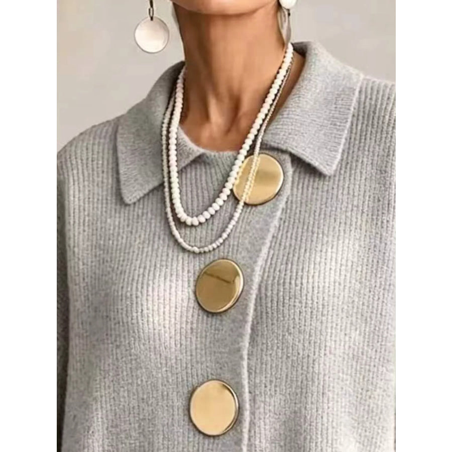 Full Size Gold Buttons Lantern Sleeve Cardigan Plus Apparel and Accessories