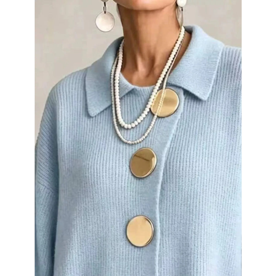 Full Size Gold Buttons Lantern Sleeve Cardigan Plus Apparel and Accessories