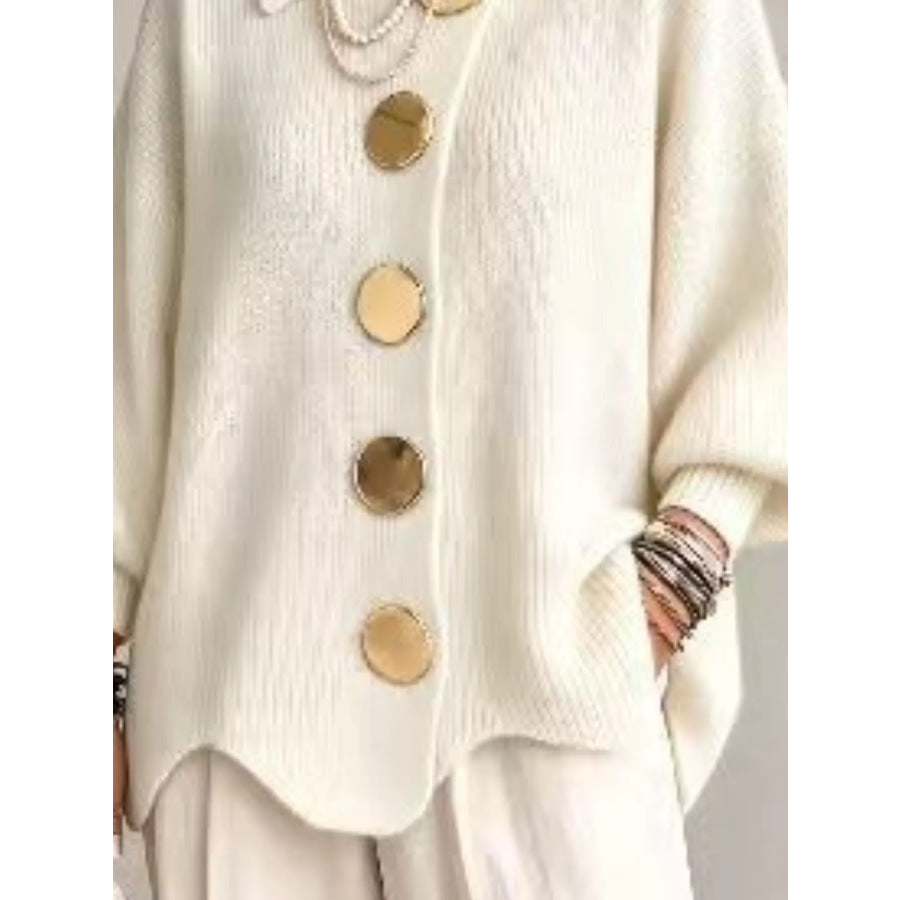 Full Size Gold Buttons Lantern Sleeve Cardigan Plus Apparel and Accessories