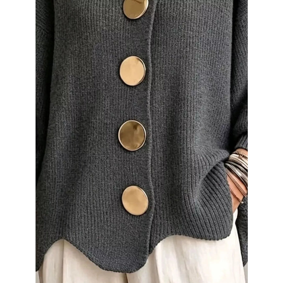 Full Size Gold Buttons Lantern Sleeve Cardigan Plus Apparel and Accessories