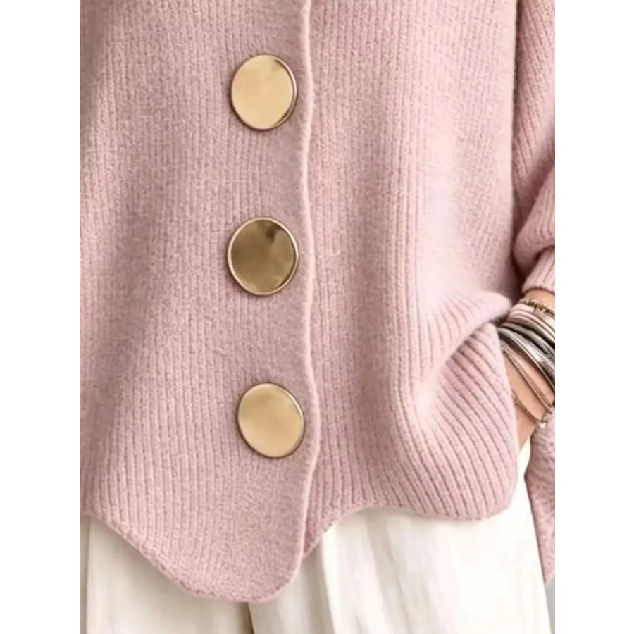 Full Size Gold Buttons Lantern Sleeve Cardigan Plus Apparel and Accessories
