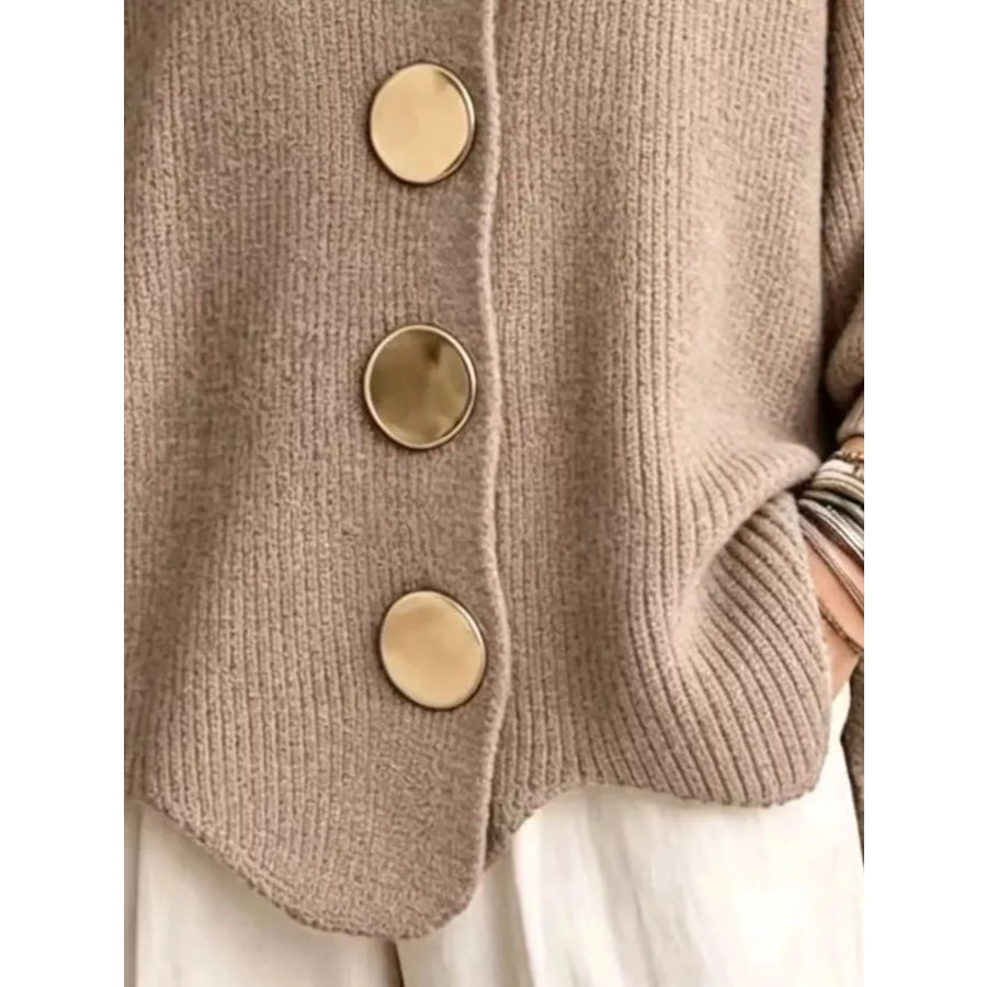 Full Size Gold Buttons Lantern Sleeve Cardigan Plus Apparel and Accessories