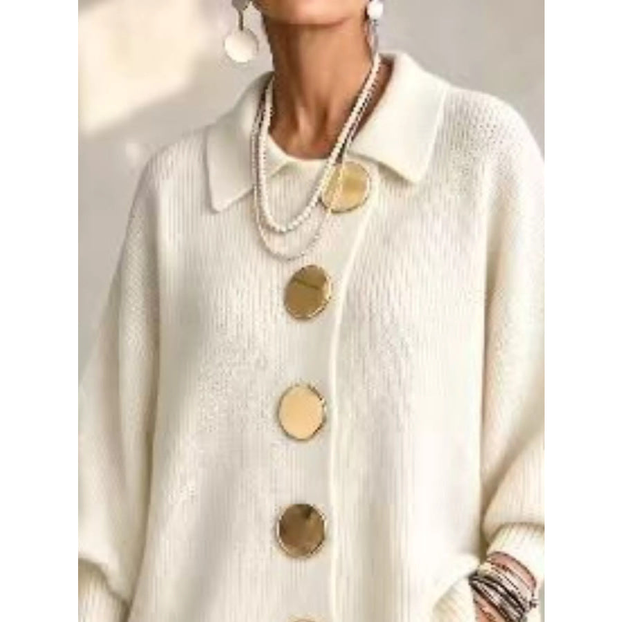 Full Size Gold Buttons Lantern Sleeve Cardigan Plus Apparel and Accessories