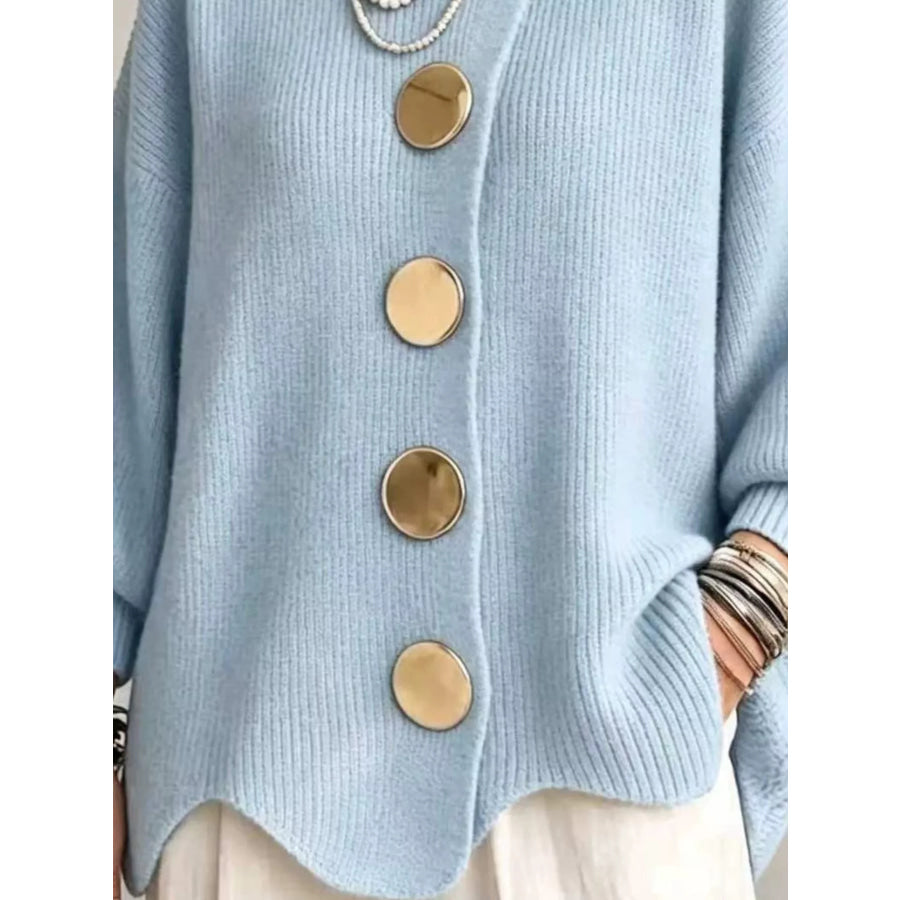 Full Size Gold Buttons Lantern Sleeve Cardigan Plus Apparel and Accessories