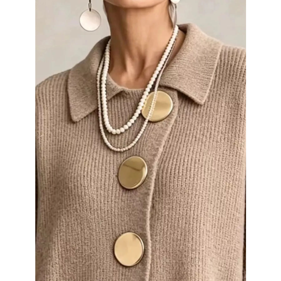 Full Size Gold Buttons Lantern Sleeve Cardigan Plus Apparel and Accessories