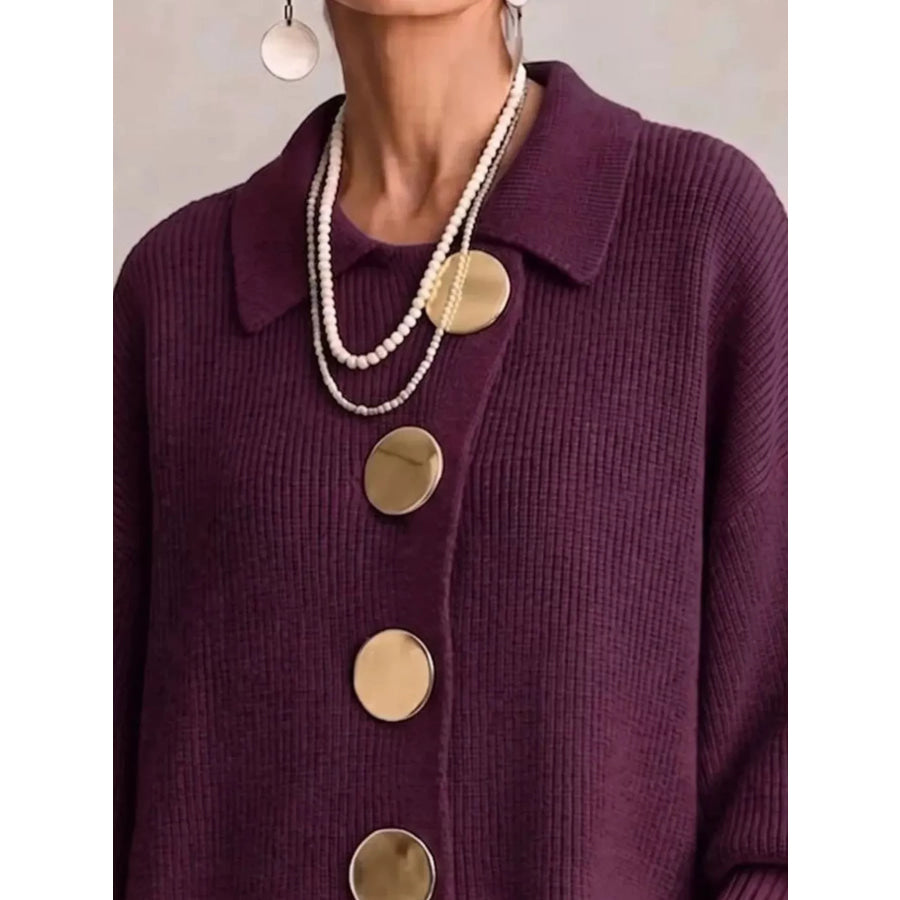 Full Size Gold Buttons Lantern Sleeve Cardigan Plus Apparel and Accessories
