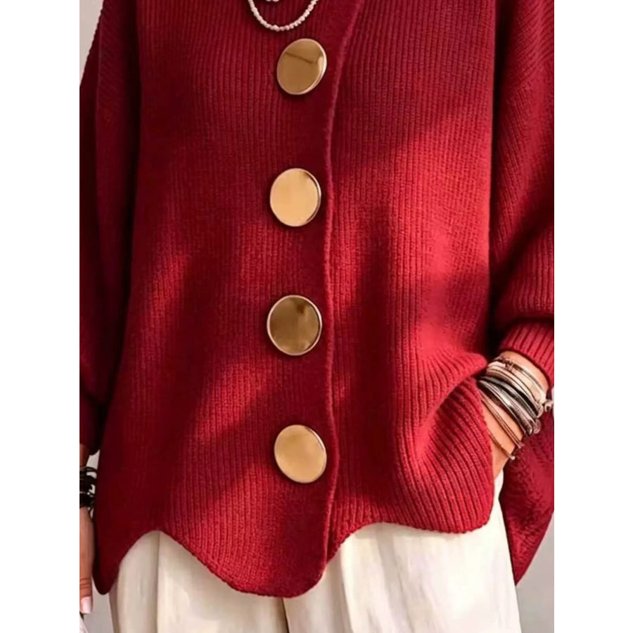 Full Size Gold Buttons Lantern Sleeve Cardigan Plus Apparel and Accessories