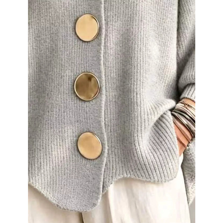 Full Size Gold Buttons Lantern Sleeve Cardigan Plus Apparel and Accessories