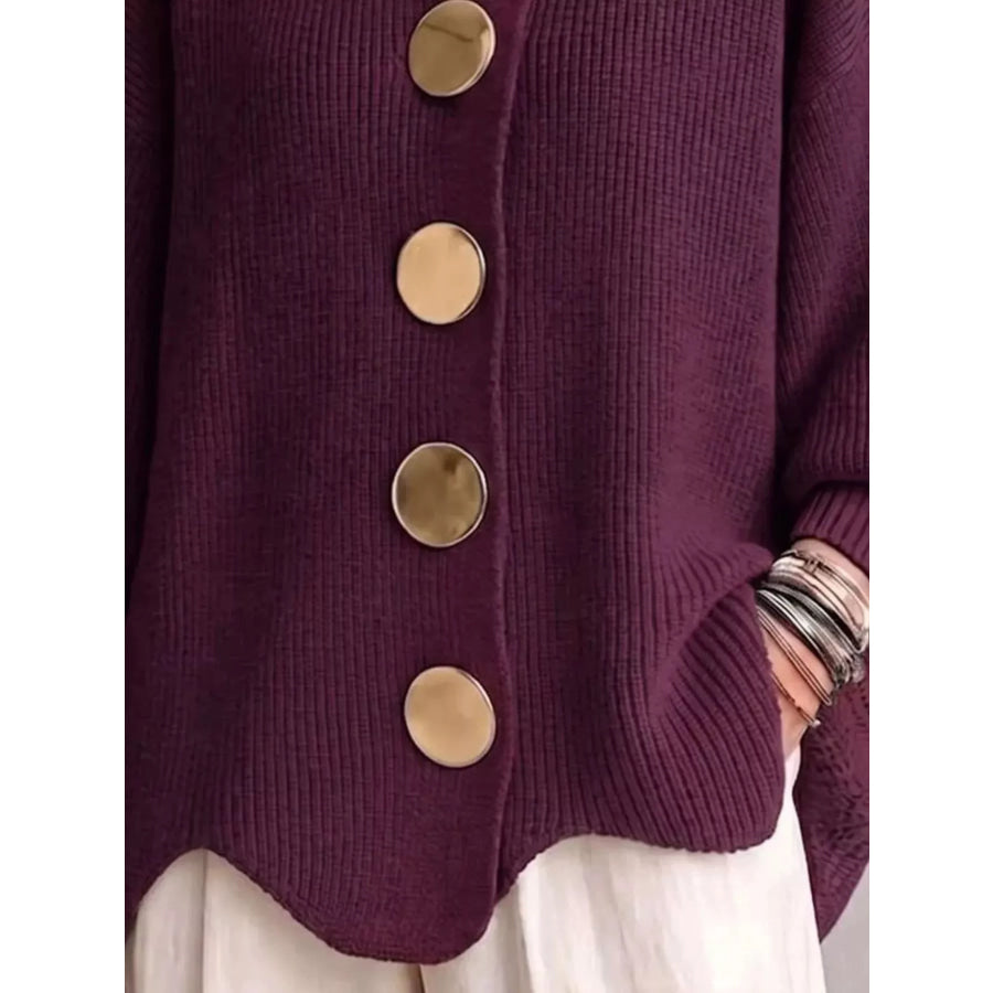 Full Size Gold Buttons Lantern Sleeve Cardigan Plus Apparel and Accessories