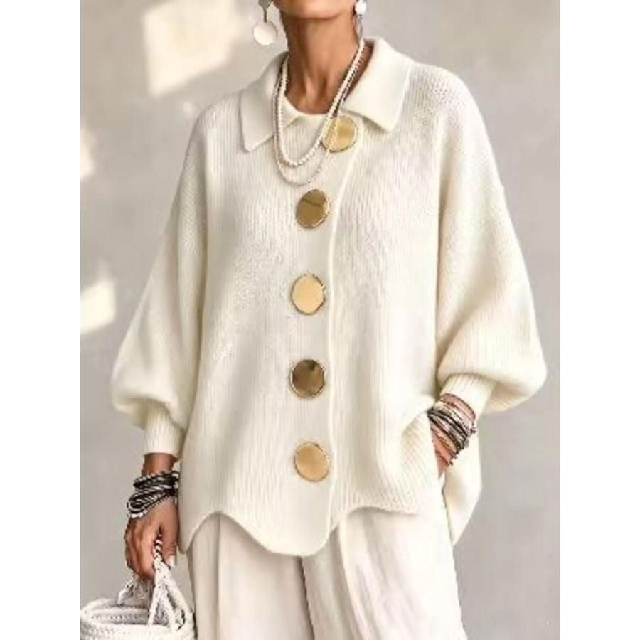 Full Size Gold Buttons Lantern Sleeve Cardigan Plus Beige / S Apparel and Accessories