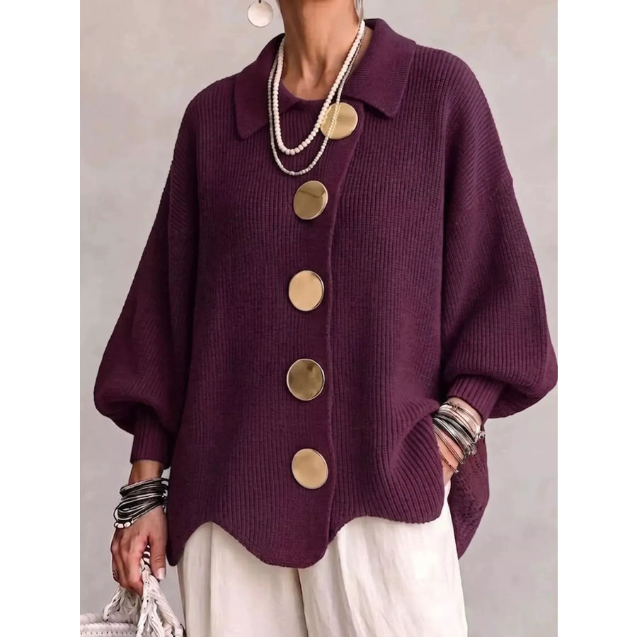 Full Size Gold Buttons Lantern Sleeve Cardigan Plus Burgundy / S Apparel and Accessories