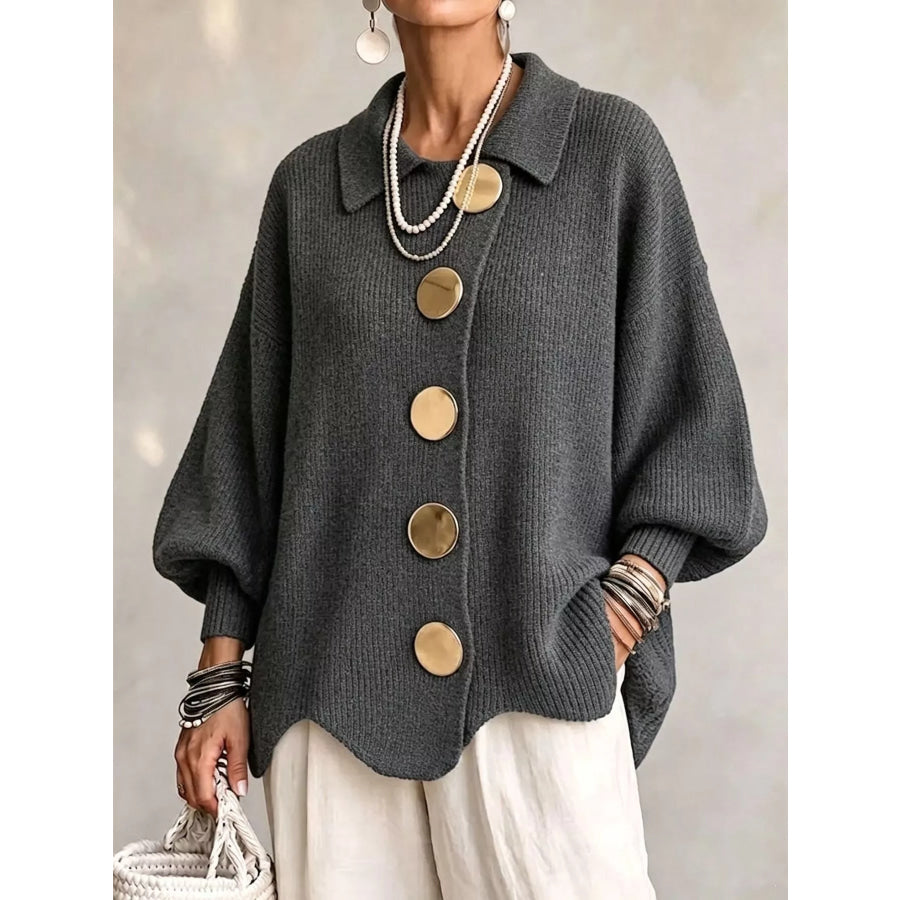 Full Size Gold Buttons Lantern Sleeve Cardigan Plus Dark Gray / S Apparel and Accessories