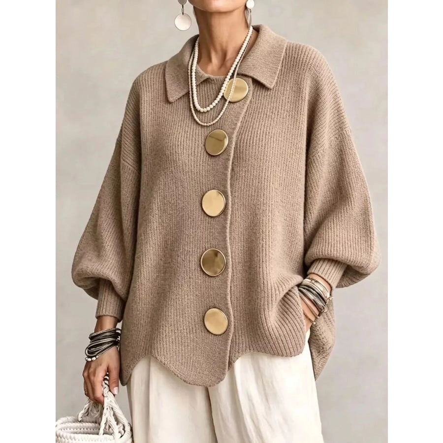 Full Size Gold Buttons Lantern Sleeve Cardigan Plus Khaki / S Apparel and Accessories