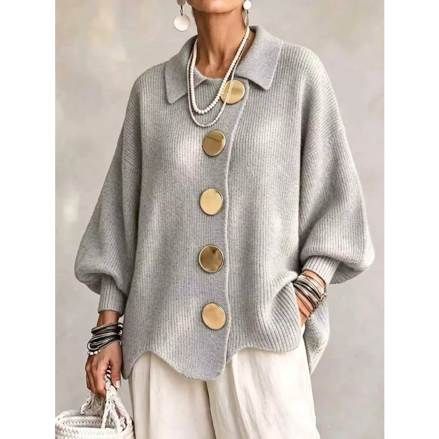 Full Size Gold Buttons Lantern Sleeve Cardigan Plus Light Gray / S Apparel and Accessories