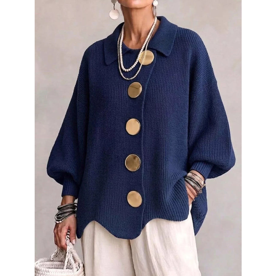 Full Size Gold Buttons Lantern Sleeve Cardigan Plus Navy / S Apparel and Accessories