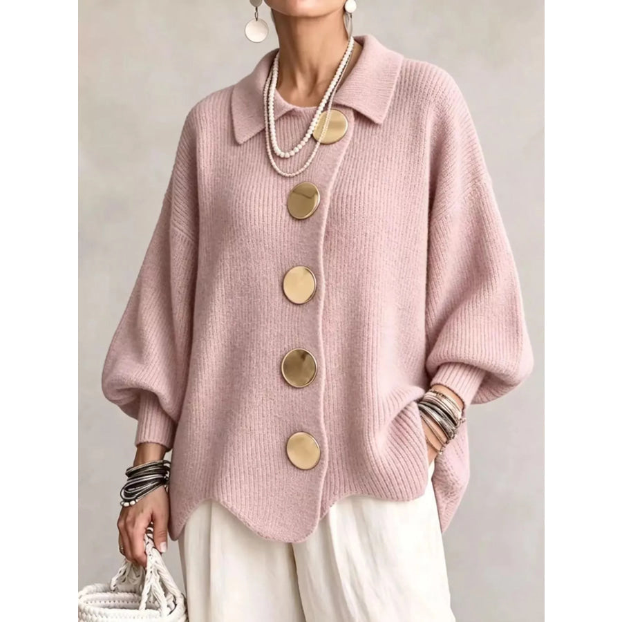 Full Size Gold Buttons Lantern Sleeve Cardigan Plus Pink / S Apparel and Accessories