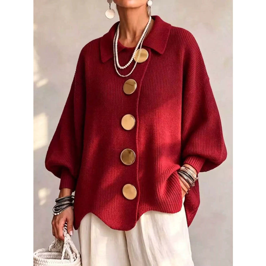 Full Size Gold Buttons Lantern Sleeve Cardigan Plus Red / S Apparel and Accessories