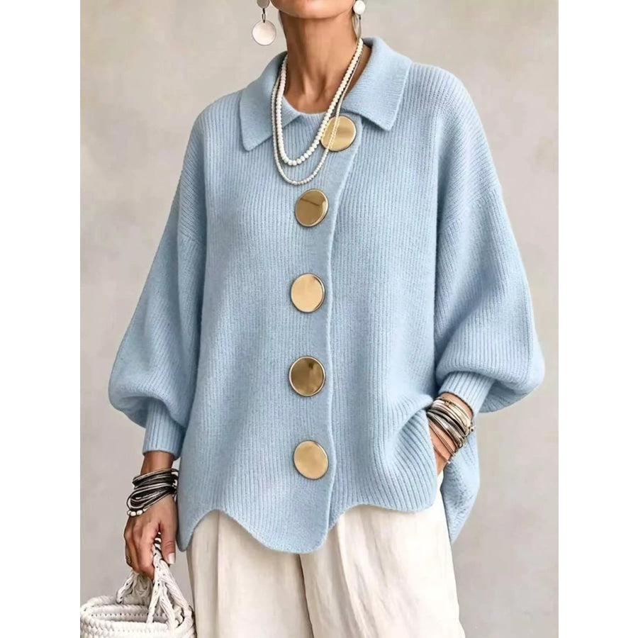 Full Size Gold Buttons Lantern Sleeve Cardigan Plus Sky Blue / S Apparel and Accessories
