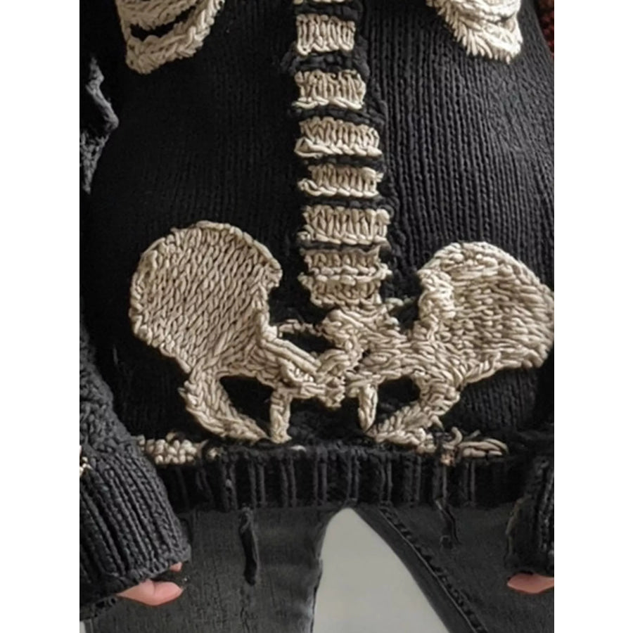 Full Size Gothic Skeleton Crew Neck Sweater Plus Apparel and Accessories