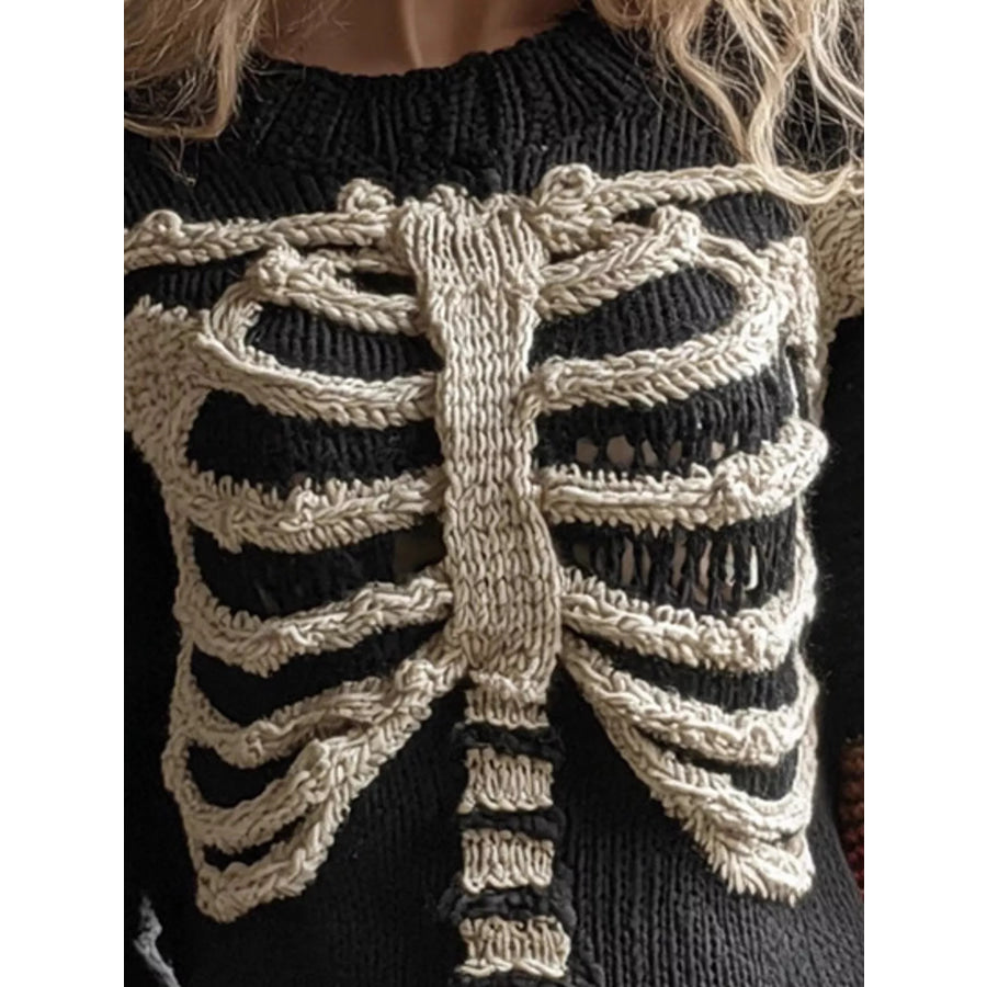 Full Size Gothic Skeleton Crew Neck Sweater Plus Apparel and Accessories
