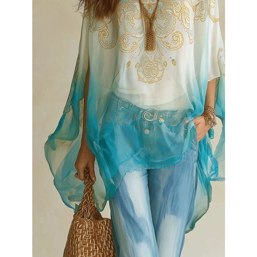 Full Size Gradient Flowy Batwing Sleeve Blouse Plus Apparel and Accessories