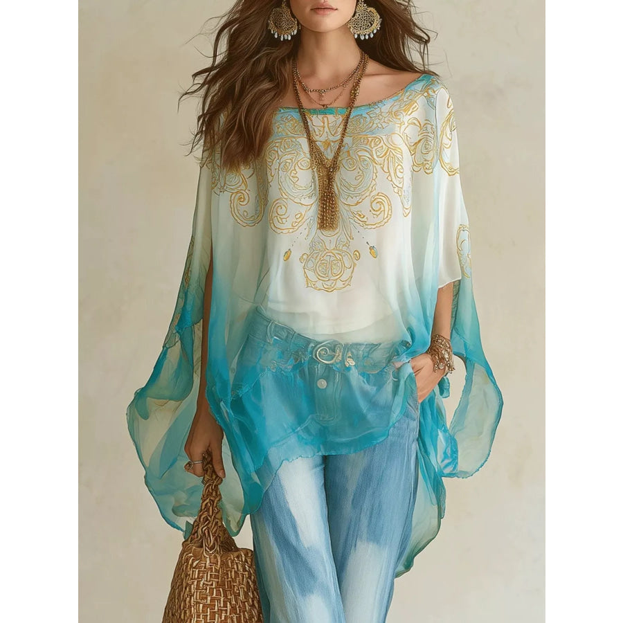 Full Size Gradient Flowy Batwing Sleeve Blouse Plus Green / S Apparel and Accessories