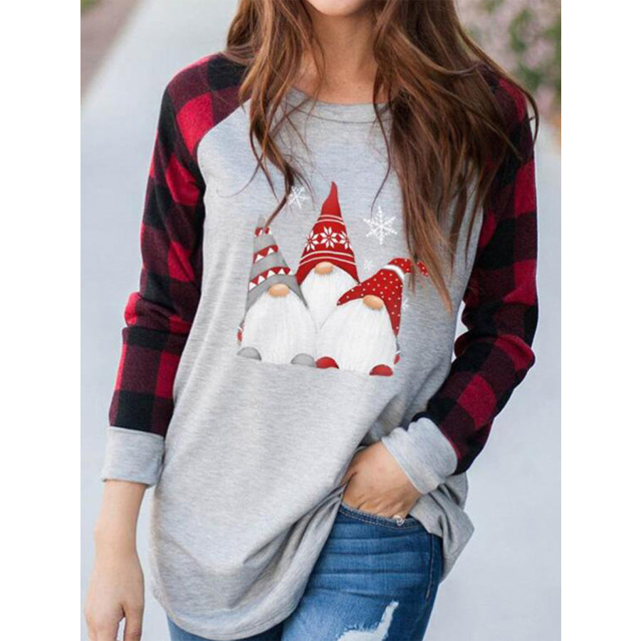 Full Size Graphic Plaid Round Neck Long Sleeve T-Shirt Light Gray / S Apparel and Accessories