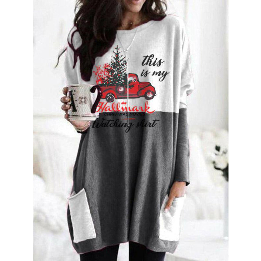 Full Size Graphic Two-Tone Round Neck Long Sleeve T-Shirt Gray / S Apparel and Accessories