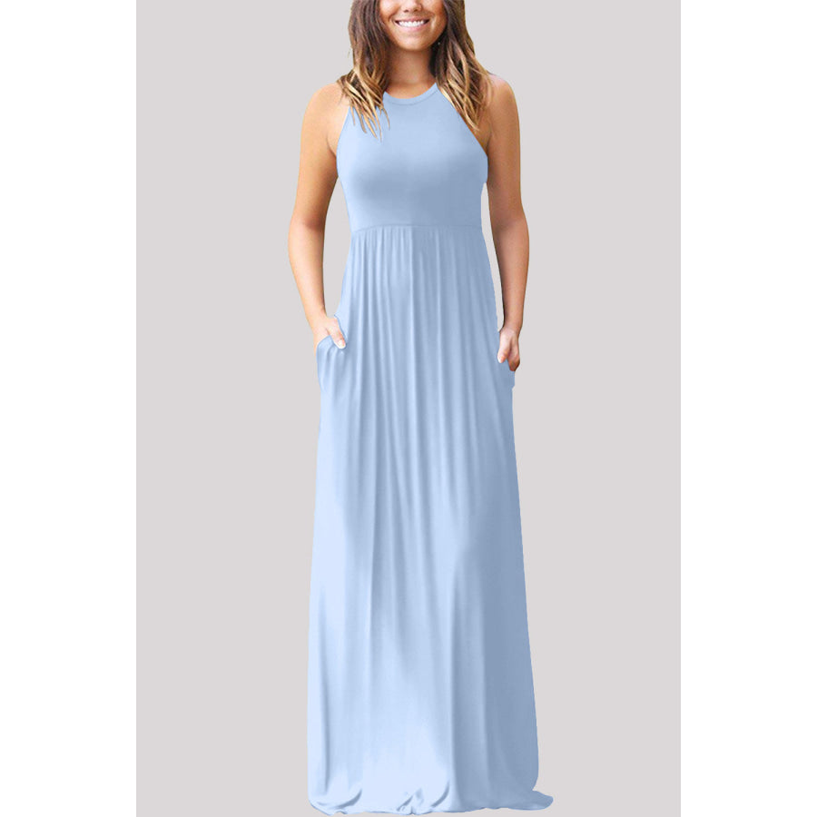 Full Size Grecian Neck Dress with Pockets Light Blue / S Apparel and Accessories