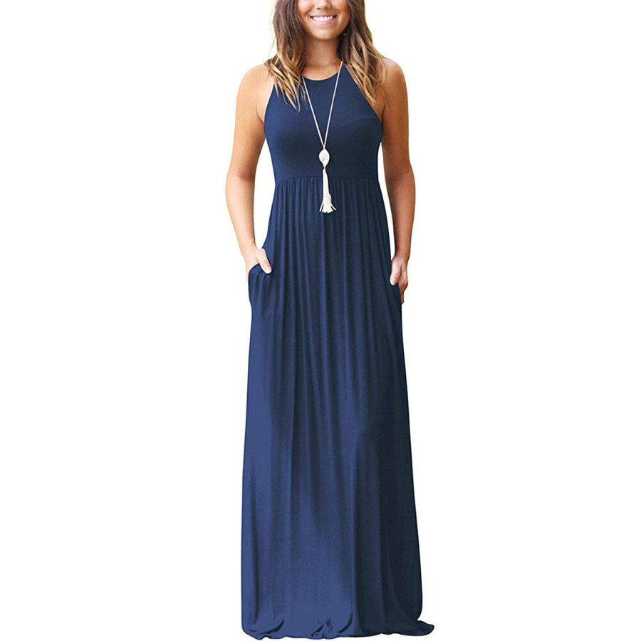 Full Size Grecian Neck Dress with Pockets Navy / S Apparel and Accessories