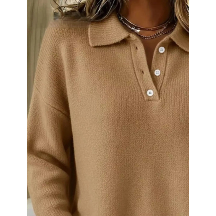 Full Size Half Button Collar Drop Shoulder Sweater Plus Size Apparel and Accessories