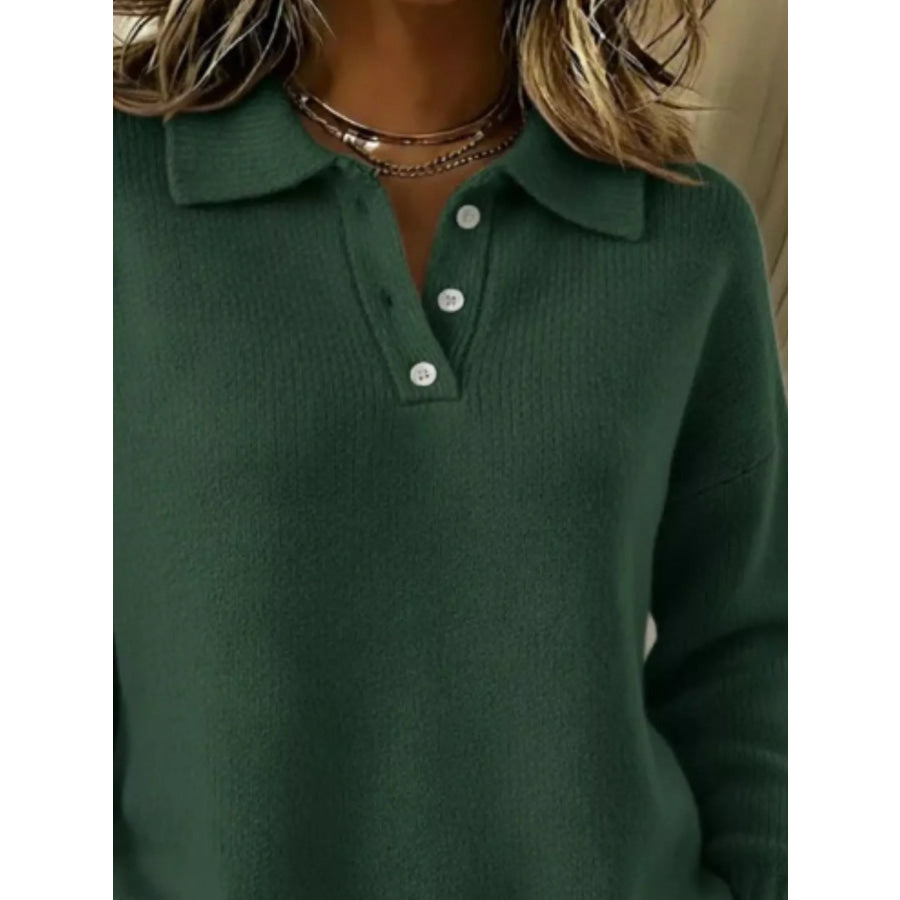 Full Size Half Button Collar Drop Shoulder Sweater Plus Size Apparel and Accessories