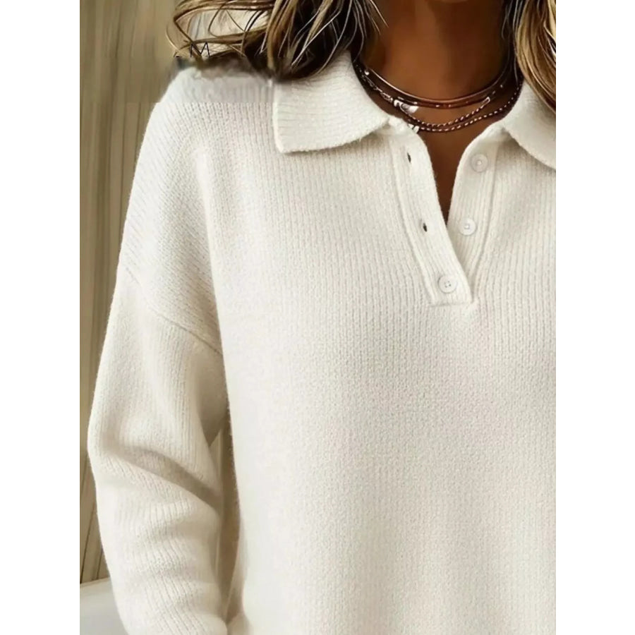 Full Size Half Button Collar Drop Shoulder Sweater Plus Size Apparel and Accessories