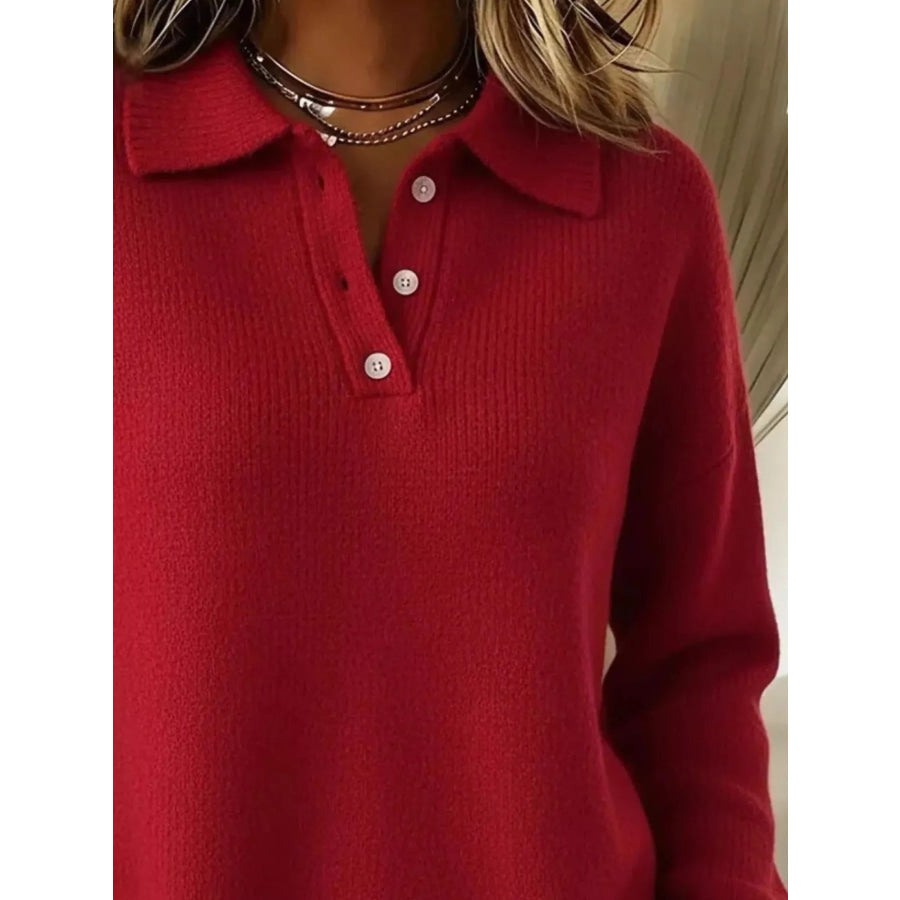 Full Size Half Button Collar Drop Shoulder Sweater Plus Size Apparel and Accessories