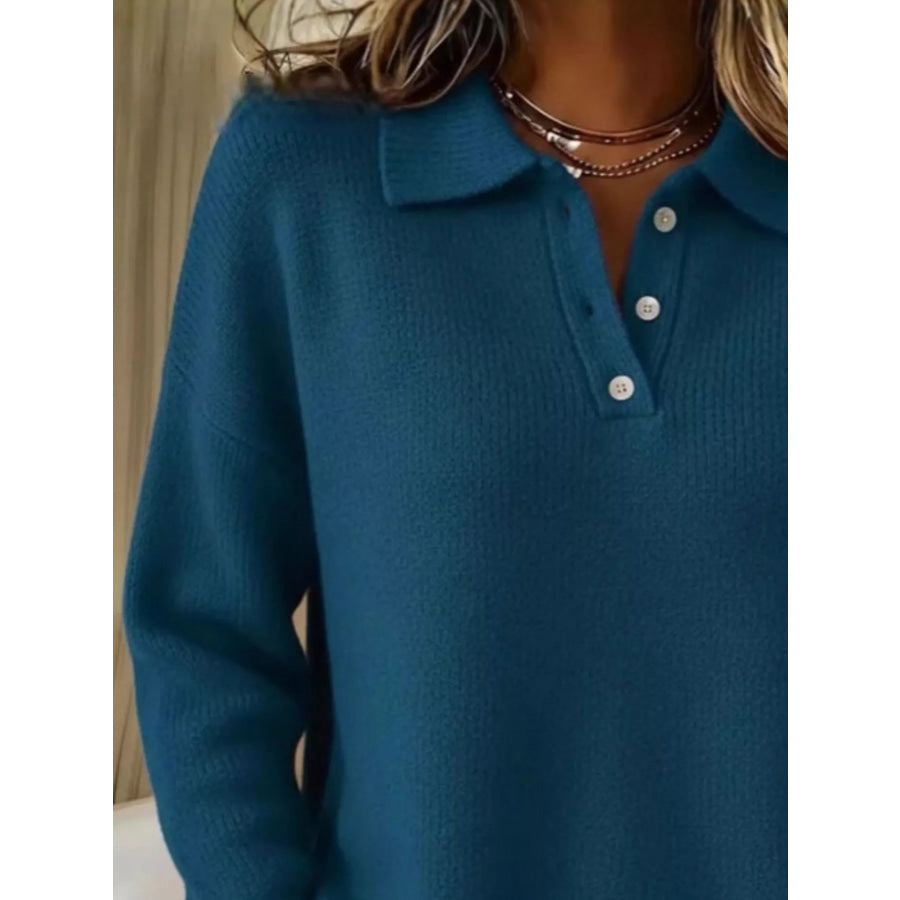 Full Size Half Button Collar Drop Shoulder Sweater Plus Size Apparel and Accessories
