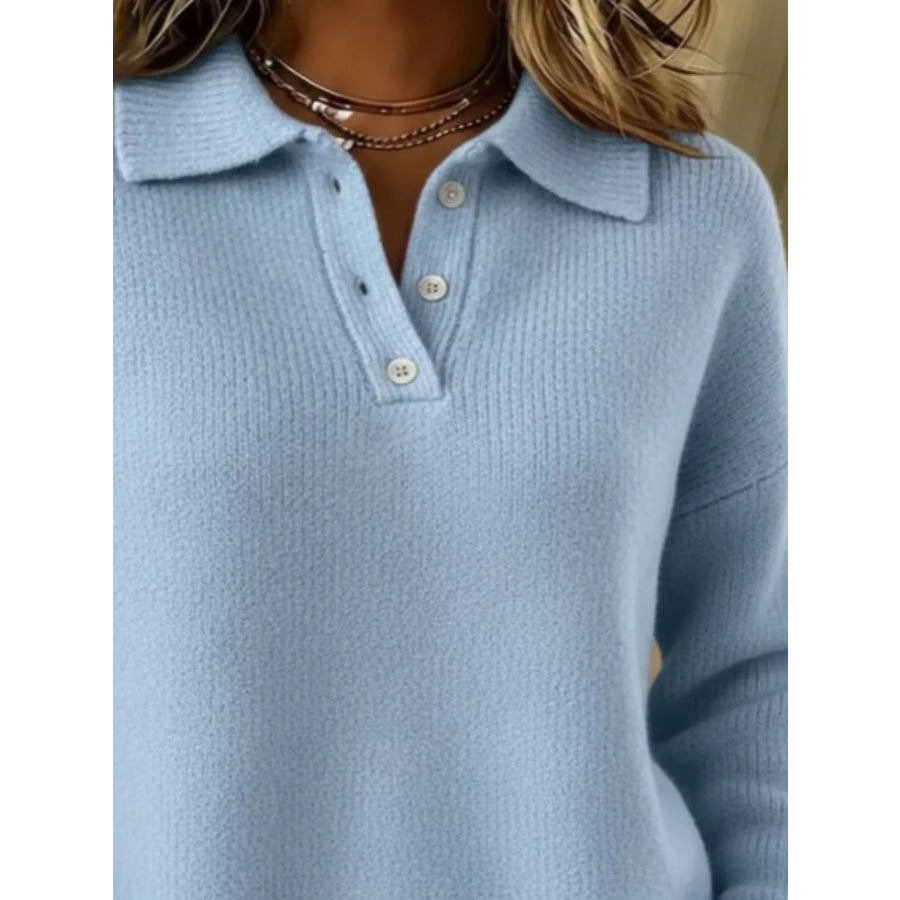 Full Size Half Button Collar Drop Shoulder Sweater Plus Size Apparel and Accessories