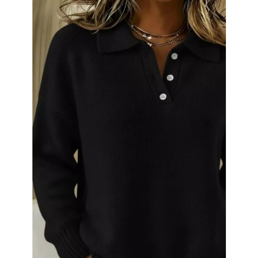 Full Size Half Button Collar Drop Shoulder Sweater Plus Size Black / S Apparel and Accessories