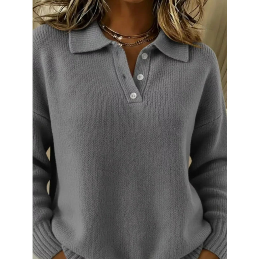 Full Size Half Button Collar Drop Shoulder Sweater Plus Size Grey / S Apparel and Accessories