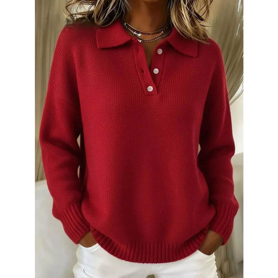 Full Size Half Button Collar Drop Shoulder Sweater Plus Size Red / S Apparel and Accessories