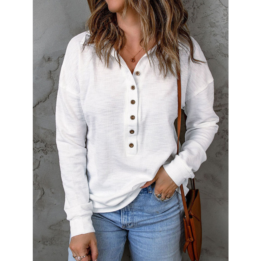 Full Size Half Button Collared Neck Drop Shoulder Top Apparel and Accessories